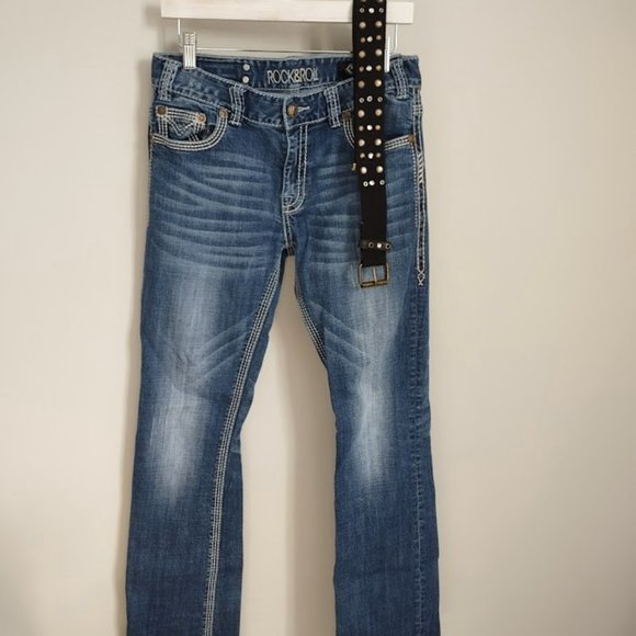 Rock & Roll Cowgirl Jeans Low Rise Med Wash Embroidery Detail - Picture 10 of 13